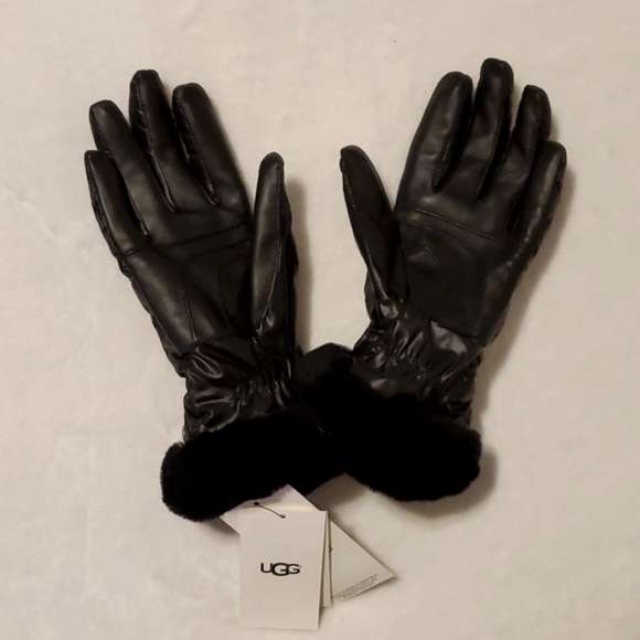 UGG Faux Fur Trim Leather Quited Gloves - Picture 5 of 5